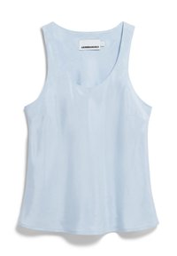 Light blue sleeveless top made from smooth fabric. Features a round neckline and a subtle pocket on the left side.
