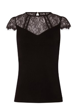 Black top featuring a lace yoke and cap sleeves, with a V-neck design and button closure at the back. Soft fabric with a fitted silhouette.