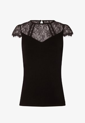 Musta paita, jossa on pitsiyksityiskohta ja hihattomat hihat, V-pääntie ja nappikiinnitys takana. Pehmeä kangas, jossa on istuva siluetti.