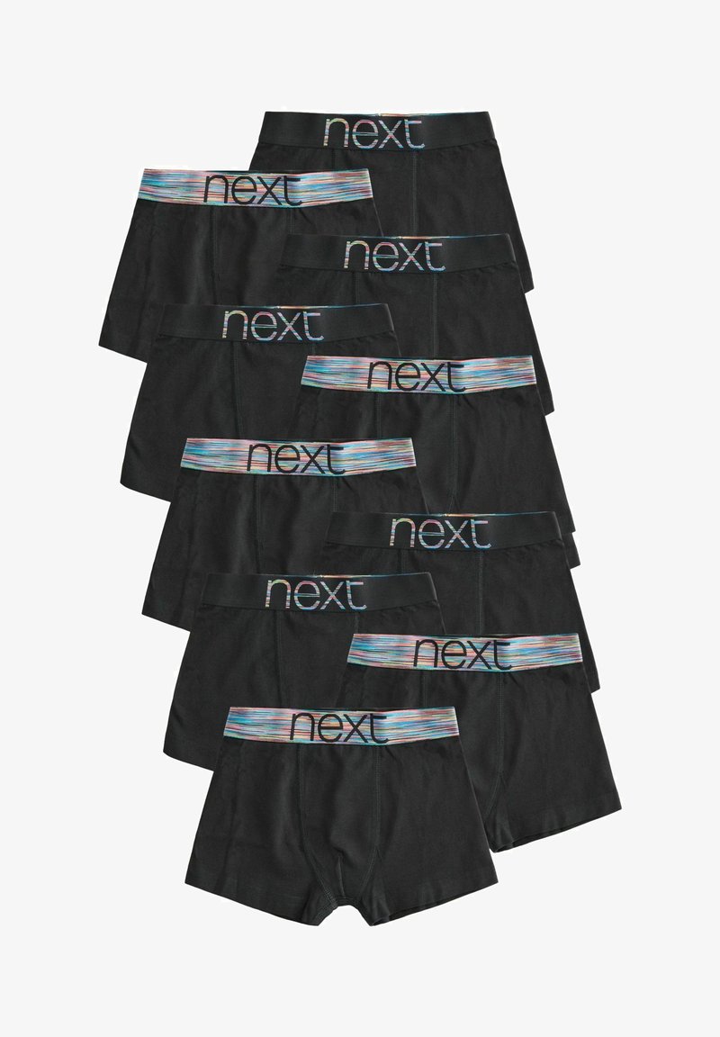 Črne bokserice s pisanimi elastičnimi pasovi, ki vsebujejo logotip "next". Mehka tkanina in prilegajoča zasnova, zložene v kup.