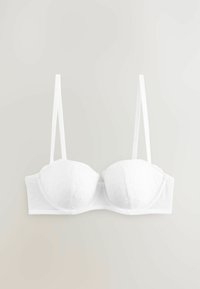 Witte lingerie bh met licht gewatteerde cups, bloemenkant details en verstelbare dunne bandjes. Gladde stof met een naadloos ontwerp.