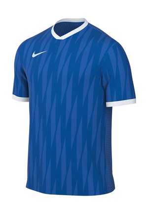 Blaues kurzärmliges Sportshirt mit weißem Kragen und Manschetten, mit einem dezenten Zickzackmuster und einem kleinen weißen Nike-Swoosh auf der Brust.
