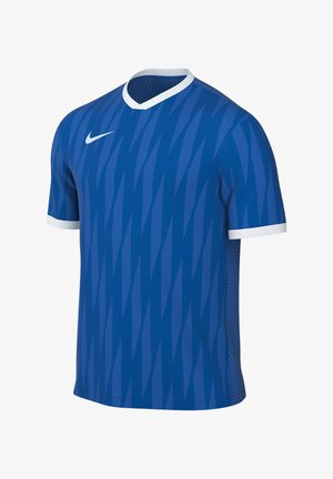 Blaues kurzärmliges Sportshirt mit weißem Kragen und Manschetten, mit einem dezenten Zickzackmuster und einem kleinen weißen Nike-Swoosh auf der Brust.