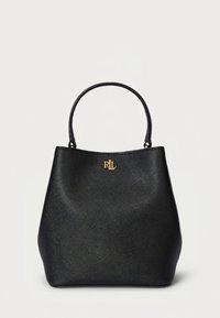 Borsa tote in pelle nera con forma strutturata, texture liscia e dettaglio logo dorato sul davanti. Dotata di due manici superiori.
