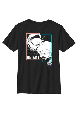 Sort bomulds T-shirt med et grafisk print af to figurer fra "Star Wars: Visions." Teksten lyder "THE TWINS." Fedt, monokromt design.