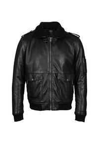 Chaqueta bomber de cuero negra con un cuello de pelo, dos bolsillos frontales, cierre con cremallera, puños acanalados y hombreras. Textura suave.