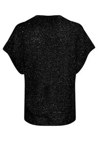 Haut noir à manches courtes texturé avec une coupe ample et décontractée. Il présente un col rond et une légère brillance sur l'ensemble du tissu.