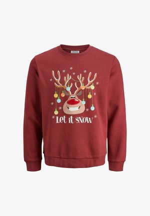 Czerwony sweter z długimi rękawami, z grafiką głowy renifera i napisem "Niech pada śnieg", ozdobiony kolorowymi zwisającymi ozdobami i płatkami śniegu.