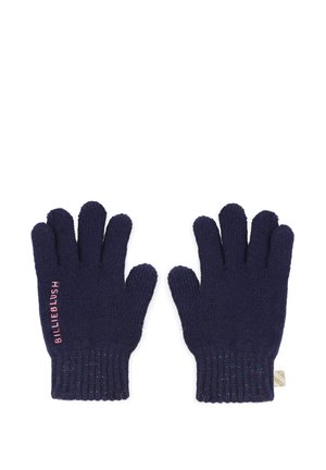 Gants tricotés navy avec une finition texturée, présentant le logo rose "BILLIEBLUSH" sur le côté et une manchette côtelée avec des accents de scintillement subtils.