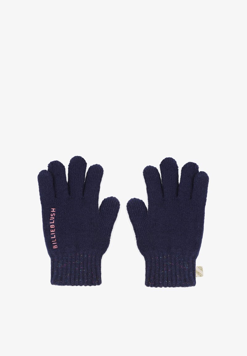 Mornarice pletene rokavice z teksturiranim zaključkom, ki imajo roza logotip "BILLIEBLUSH" na strani in rebrast obroček z diskretnimi sijočimi detajli.