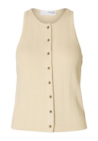 Beige žebrovaný top na ramínka s kulatým výstřihem a předním zapínáním na knoflíky se šesti hnědými knoflíky. Měkká textura, bez rukávů.