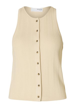 Beige geribbelde tanktop met een ronde halslijn en een sluiting aan de voorkant met zes bruine knopen. Zachte textuur, mouwloos ontwerp.