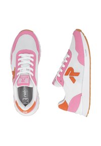 White sneakers with pink and orange accents, mesh upper, rubber sole, and prominent logo on the side and tongue, featuring lace-up design.