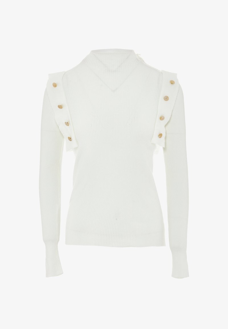 Witte geribbelde gebreide trui met een hoge hals en ruffles op de schouders. Voorzien van gouden knopen langs de linker schoudernaad.