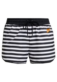 Black and white striped swim shorts with an elastic waistband, drawstring closure, and an orange Nike logo on the left side.