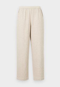 Pantaloni din in bej cu talie elastică, dotati cu buzunare laterale, picioare drepte și un finisaj texturat al materialului.