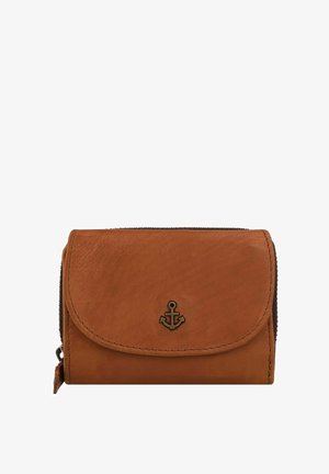 Brown leather wallet with a smooth texture, flap closure, metal anchor emblem, and zipper detail along the side. Compact and rectangular design.