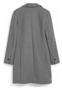 Long manteau en laine gris avec col cranté et poignets boutonnés, vu de dos sur fond blanc.