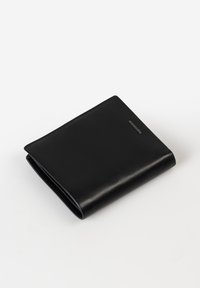 Black leather wallet with a smooth texture, bi-fold design, and a subtle brand label on the front. Dimensions not specified.
