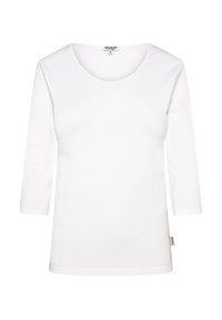 Weißes Langarm-T-Shirt mit weitem Rundhalsausschnitt. Hergestellt aus weichem, leichtem Stoff. Mit Seitenlabel und gerippten Bündchen.