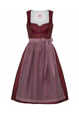 Burgundy dress with a fitted bodice, polka dot pattern, five buttons, and a full skirt. Includes a light pink ribbon belt and layered texture.
