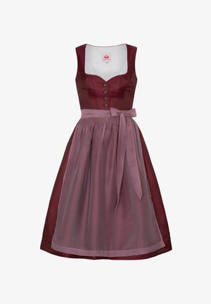 Bordeaux jurk met een aansluitende bovenkant, stippenpatroon, vijf knopen en een volle rok. Inclusief een lichtroze strikriem en gelaagde textuur.