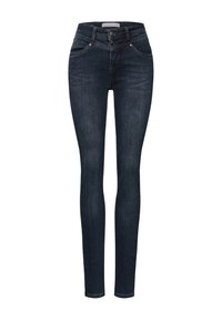 Jeans ajustados en denim azul oscuro con cierre de dos botones, bolsillos y una textura suave. Presenta costuras tonales y un corte ajustado.