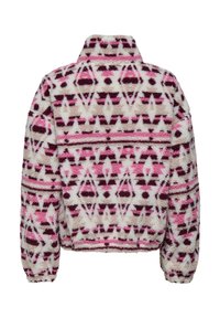 Flauschige Fleecejacke mit rosa, braunen und weißen geometrischen Mustern und hohem Kragen, von hinten gezeigt.