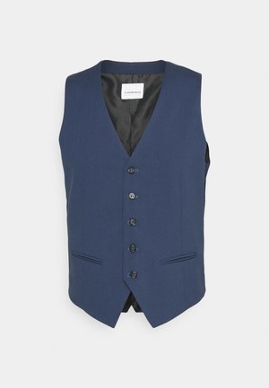 Navyblauer Weste aus glattem Stoff, mit V-Ausschnitt, sechs Knöpfen, zwei Patschen und schwarzer Innenauskleidung.