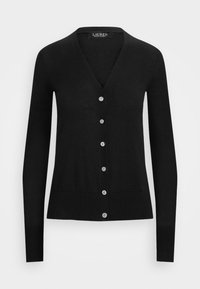 Svart kofta med v-ringning, långa ärmar och sex metallknappar fram. Tillverkad av ett lätt, mjukt material.