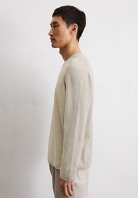 Beige gebreide trui met een gestructureerd patroon, ronde halslijn en lange mouwen, gedragen door een man die in profiel is weergegeven tegen een effen achtergrond.