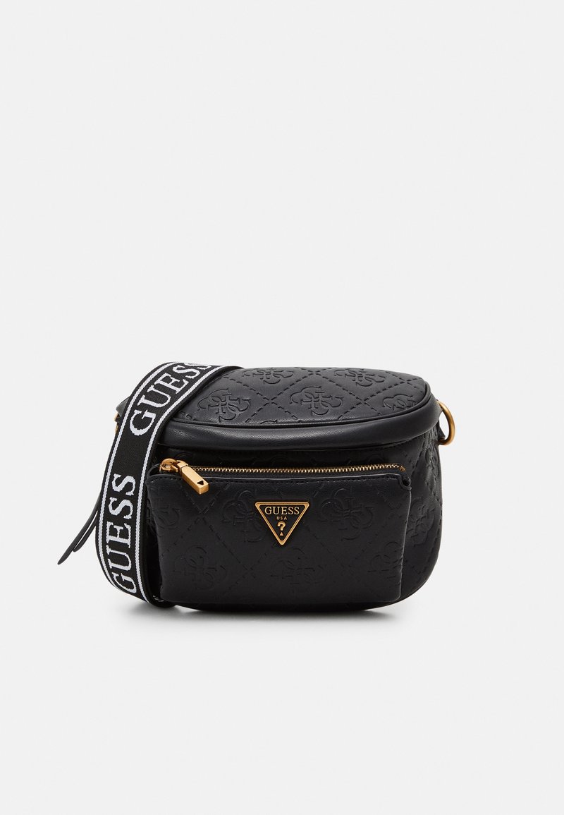 Černá crossbody taška s raženým vzorem a zlatými detaily. Obsahuje zipovou přední kapsu a nastavitelný popruh s logem. Obroušený tvar.