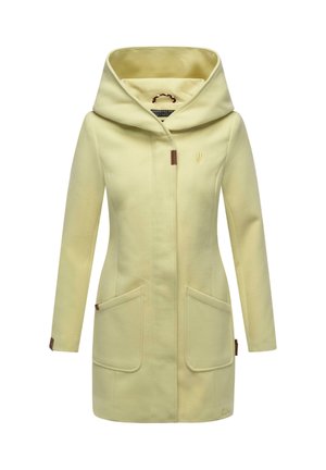 Šviesiai geltona striukė su gobtuvu, priekiu kišenėmis, pilnomis rankovėmis ir mažas siuvinėtas logotipas kairėje krūtinės pusėje.