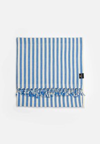 Blue and cream striped scarf with a fringed edge. Made of a soft, lightweight material. Features a small black label on one side.