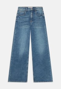 Helle blaue Weite-Bein-Jeans aus Denim. Verfügt über fünf Taschen, einen Knopfverschluss und einen rohen Saum am unteren Ende.