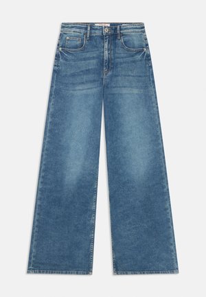 Helle blaue Weite-Bein-Jeans aus Denim. Verfügt über fünf Taschen, einen Knopfverschluss und einen rohen Saum am unteren Ende.
