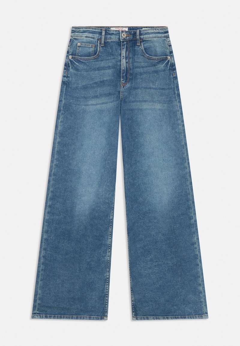 Helle blaue Weite-Bein-Jeans aus Denim. Verfügt über fünf Taschen, einen Knopfverschluss und einen rohen Saum am unteren Ende.