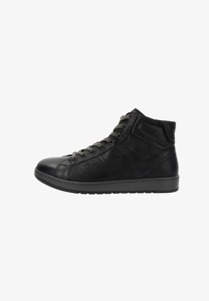 Czarne sneakersy typu high-top z gładką skórzaną cholewką, teksturowanymi akcentami, okrągłym noskiem, szarymi sznurówkami i gumową podeszwą. Minimalistyczny design z subtelnymi przeszyciami.