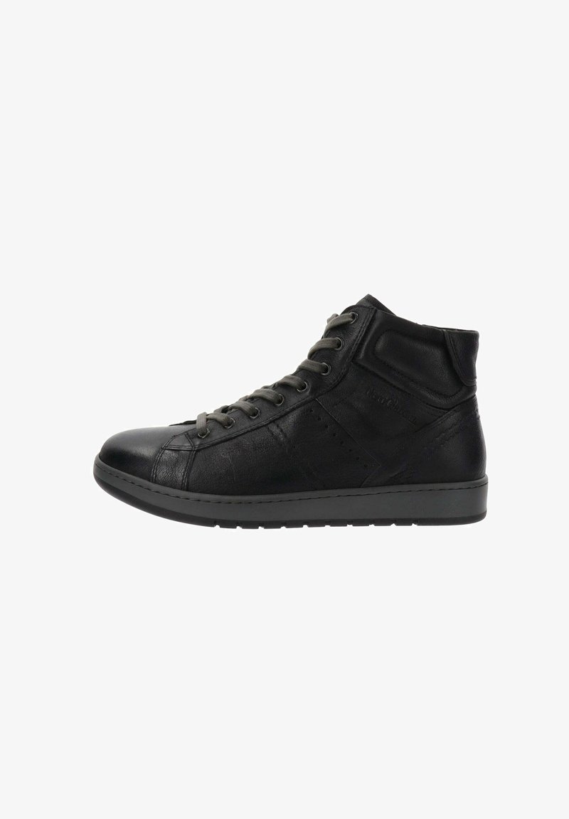 Zwarte hoge sneaker met een glad leren bovenwerk, textuuraccenten, ronde neus, grijze veters en rubberen zool. Minimalistisch ontwerp met subtiele stiksels.