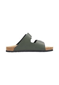 Grüne Gummischlittschuhe mit dualen Ausschnitten, Kork-Zwischensohle und strukturierter schwarzer Gummisohle. Minimalistisches Design mit offener Rückseite.