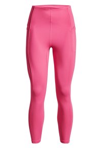 Legginsy o wysokim stanie w intensywnym różowym kolorze, wykonane z elastycznego materiału, z bocznymi szwami i gładką teksturą na całej powierzchni.
