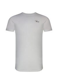 Biała koszulka z krótkim rękawem i okrągłym dekoltem, z małym czarnym logo w stylu kursywy na lewej piersi z napisem "Siksilk."