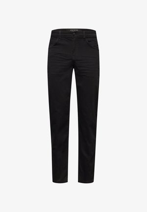 Jeans neri da uomo con taglio dritto, caratterizzati da una trama di tessuto liscia, dettagli di cucitura discreti e design a cinque tasche.