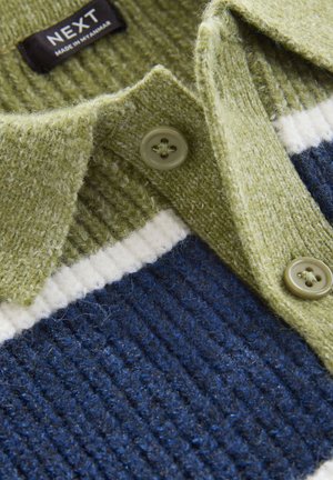 Grøn og marineblå stribet sweater, tekstureret strikket stof, med ribbet mønster og en hvid stribe. Har en skjortekrave med knapper og plastikknapper.
