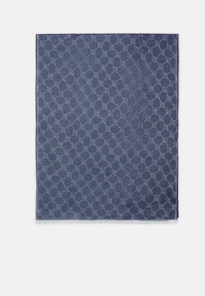Dunkelblauer Schal mit einem geometrischen Muster aus überlappenden Kreisen, aus weichem Stoff und mit Fransen für eine interessante Textur.