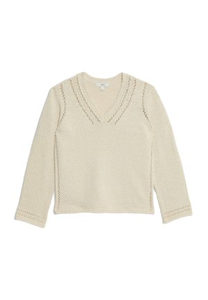 Lichtbeige gebreide trui met V-hals, lange mouwen en decoratieve openwerk accenten langs de halslijn en mouwranden.