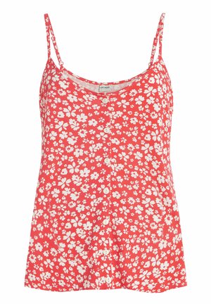 Top sin mangas rojo con estampado de flores blancas, con tirantes delgados, escote en V y cierre de botones en la parte delantera. Textura de tela suave.