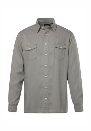 Camisa de manga larga gris hecha de una mezcla de algodón. Cuenta con un cierre frontal de botones, dos bolsillos en el pecho y botones a presión. Textura suave con un ajuste relajado.