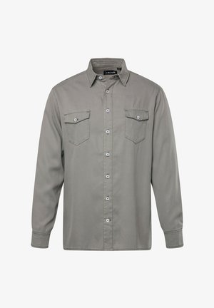 Grau langärmliges Hemd aus Baumwollmischung. Verfügt über eine Knopfverschlussfront, zwei Brusttaschen und Druckknöpfe. Geschmeidige Textur mit lockerer Passform.