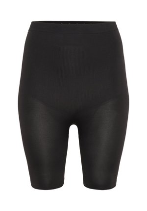 Czarne, wysokie szorty modelujące o gładkiej, błyszczącej fakturze i żebrowanych detalach na materiale, kończące się tuż nad kolanem.